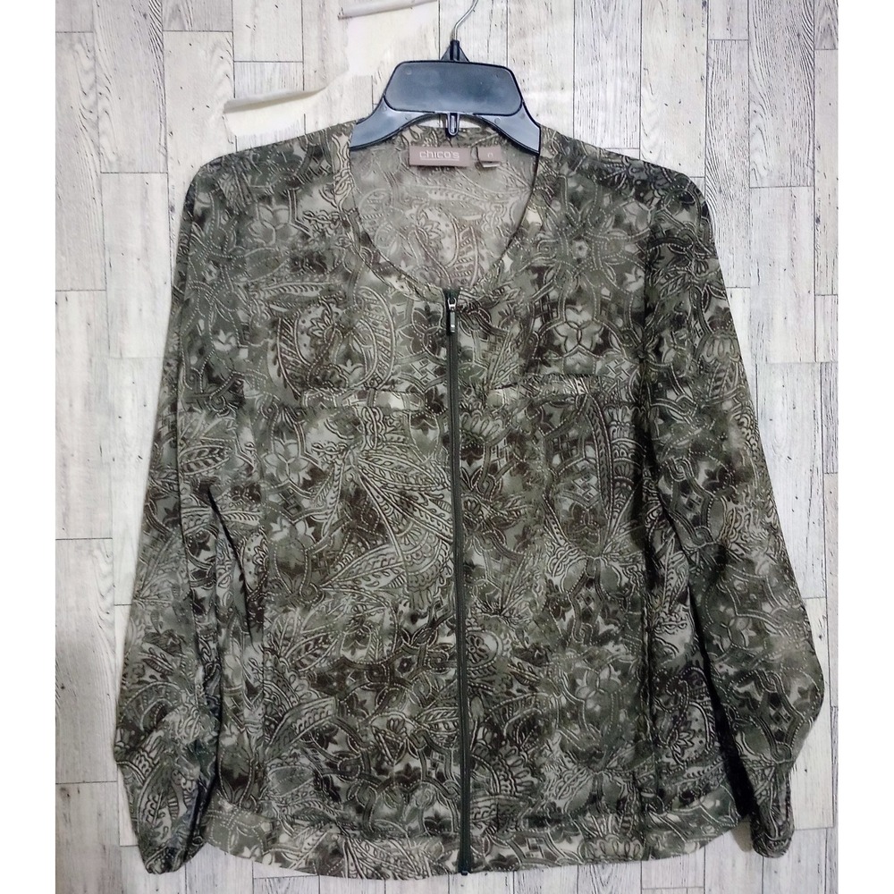 Chico's Full Zip Top‎ Sheer Abstract Lightweight Career Wear Size 0 (Small 4)